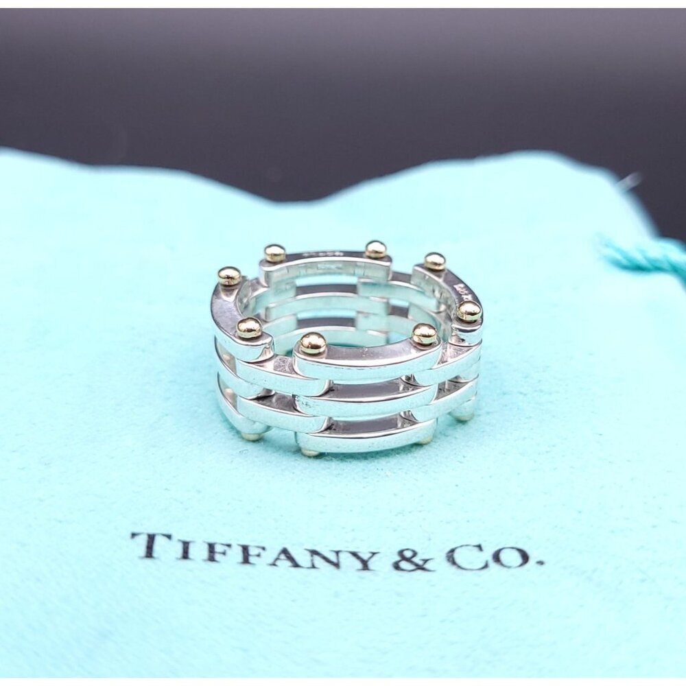 Tiffany & Co Vintage Sterling Silver 18kt Yellow Gold Gatelink Ring Size 6.75 - Picture 1 of 8